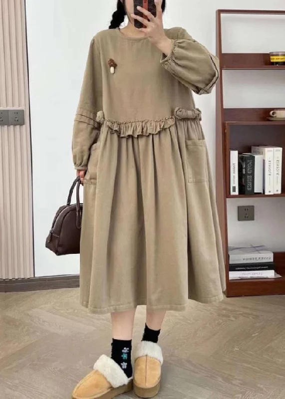 midi dressKhaki Wrinkled Cotton Long Dress O Neck Long Sleeve