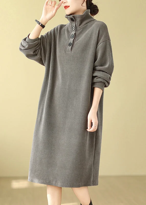 chic wrap dressGrey Button Plus Size Simple Corduroy Mid Dress Hign Neck Fall