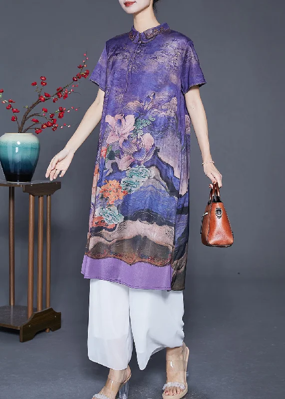 office dressPurple Print Silk Long Dress Turn-down Collar Tassel Summer