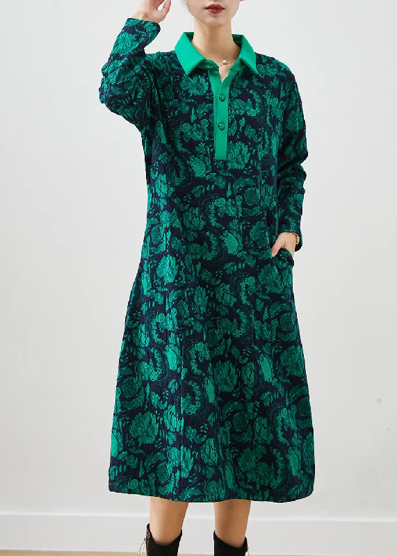 cocktail party dressSimple Green Peter Pan Collar Print Cotton Maxi Dress Fall