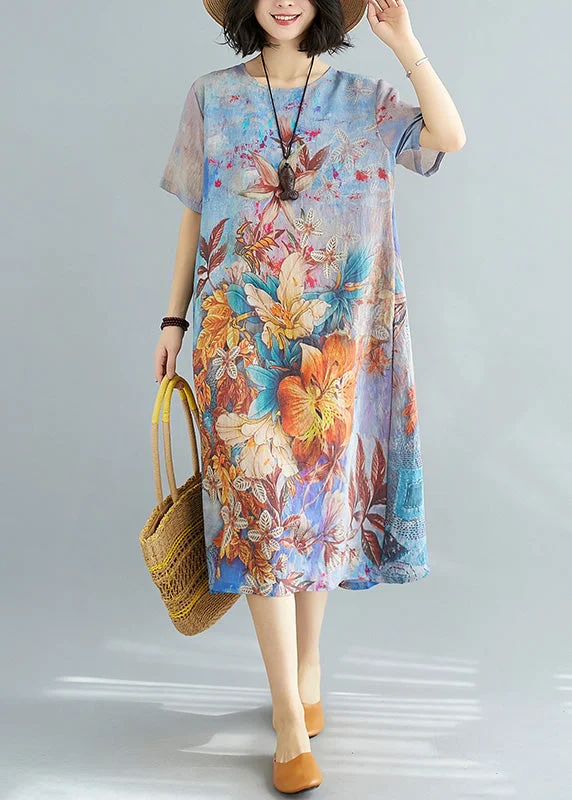 floral dressBlue Print Chiffon Holiday Maxi Dress Short Sleeve