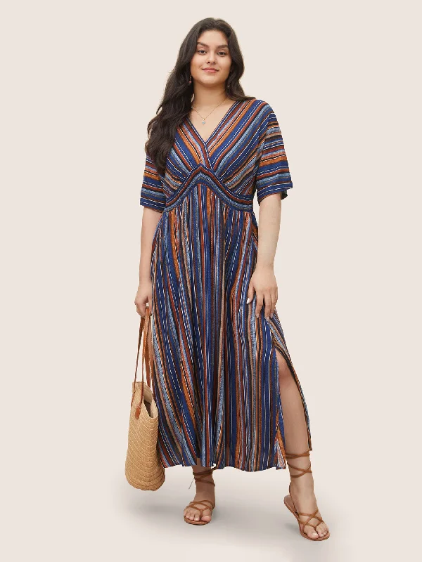 trendy mini dressStriped Contrast Dolman Sleeve Shirred Pocket Split Flutter Dress