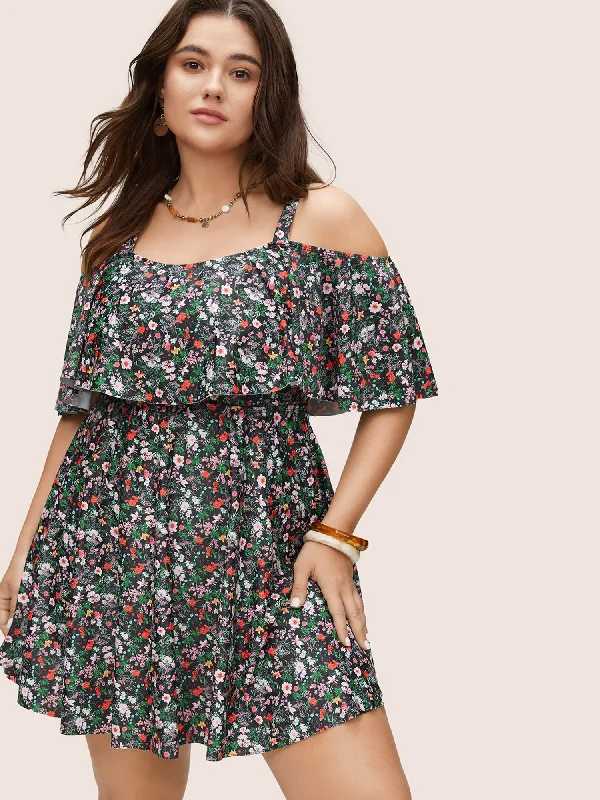 long-sleeve floral dressDitsy Floral Ruffles Cold Shoulder Swim Dress