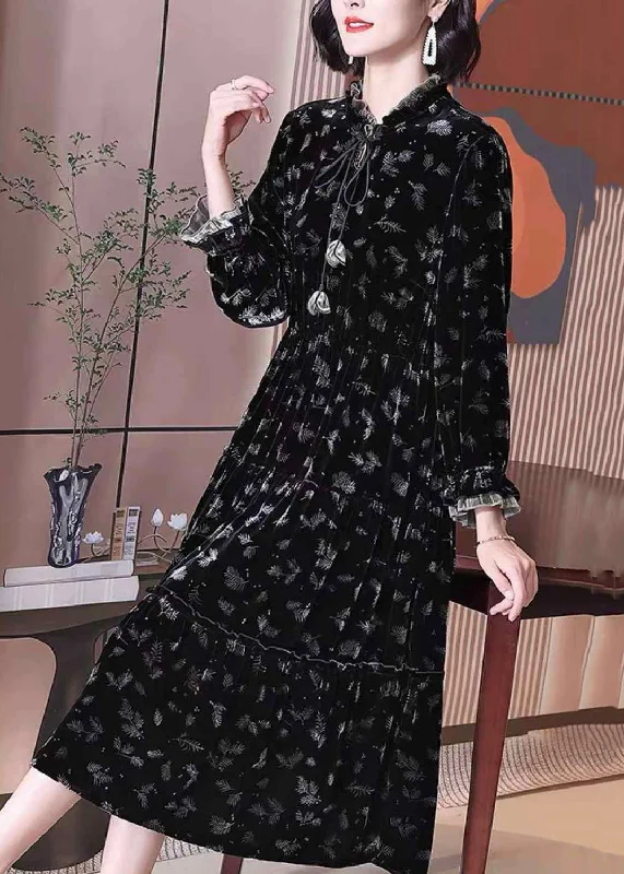 trendy wrap dressFrench Black Ruffled Lace Up Print Silk Velour Long Dress Spring