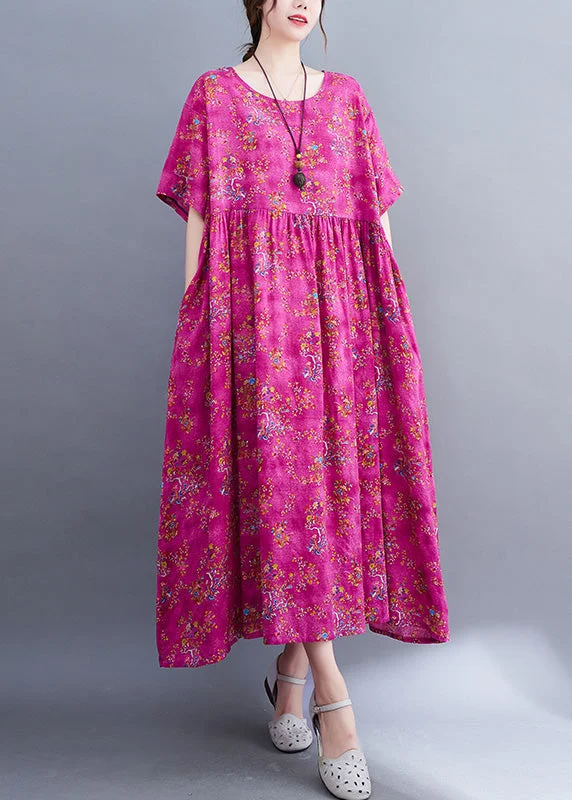 cocktail dressElegant Rose Print Patchwork Cotton Cozy Long Dress Short Sleeve