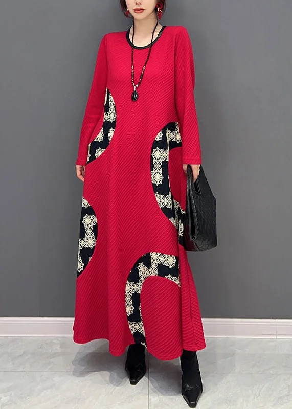 form-fitting dressWomen Red O Neck Print Patchwork Knit Long Dress Fall