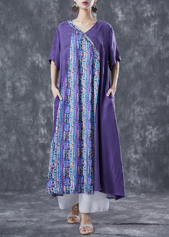 t-shirt dressArt Purple Asymmetrical Patchwork Print Chiffon Dress Summer