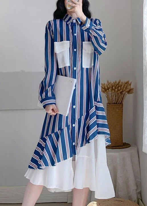 long-sleeve floral dressNew Striped Peter Pan Collar Button Patchwork Chiffon Long Dress Spring