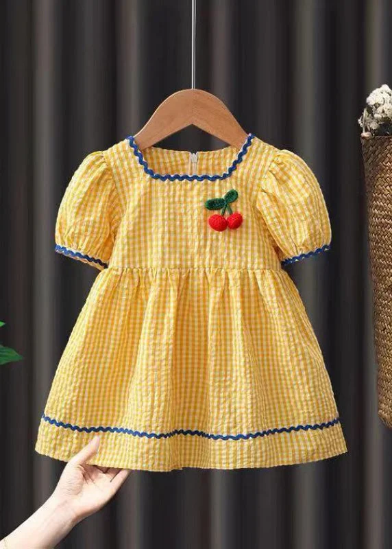 classic fit-and-flare dressLovely Yellow Plaid Floral Patchwork Cotton Baby Maxi Dress Short Sleeve