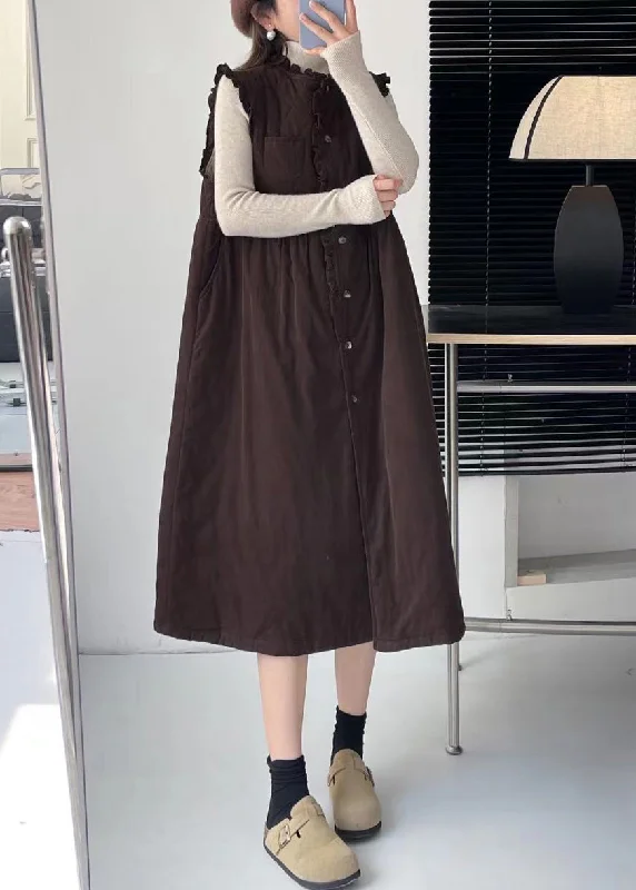 spaghetti strap dressCoffee Pockets Cotton Filled Waistcoat Long Dress Stand Collar Winter