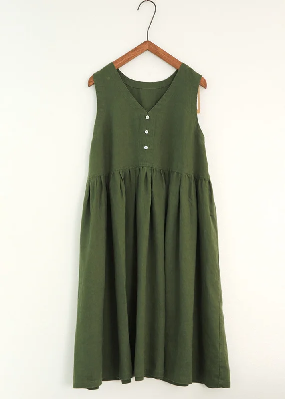 evening dressGreen Patchwork Linen Dresses V Neck Wrinkled Sleeveless