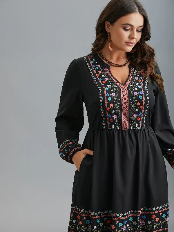 flowy evening dressNotched Collar Boho Print Midi Dress