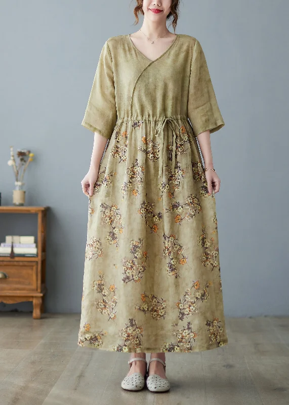 chic dressWomen V Neck Print Drawstring Linen Maxi Dress Half Sleeve