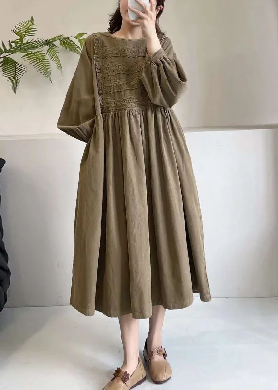 pleated maxi dressKhaki Pockets Wrinkled Corduroy Long Dress O Neck Long Sleeve