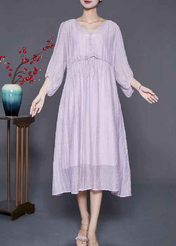 wool dressDiy Light Purple V Neck Cinched Silk Cotton Long Dresses Summer