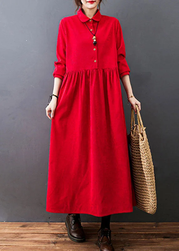 one-shoulder dressRed Drawstring Button Corduroy Holiday Long Dress Long Sleeve