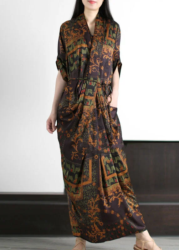 statement dressCoffee Pockets Print Patchwork Silk Gown Wrinkled Tie Waist Summer