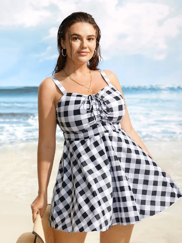 classic fit-and-flare dressPlaid Heart Neckline Drawstring Ruched Swim Dress