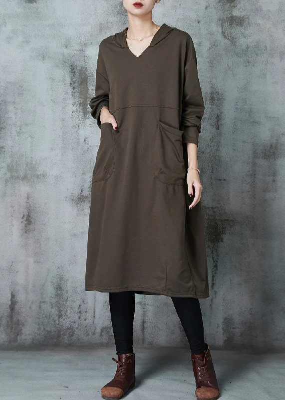 playful dressPlus Size Army Green Hooded Pockets Cotton Dress Spring