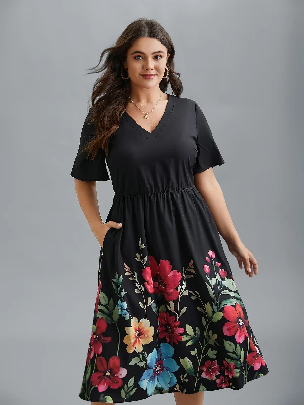 sleeveless dressFloral Print V-Neck Half-Sleeve Midi Dress