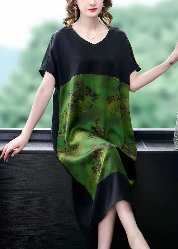 statement dressPlus Size Green V Neck Print Pockets Patchwork Silk Dress Summer