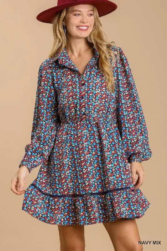 cocktail party dressCollared neckline button down floral print dress with crochet trimmed details