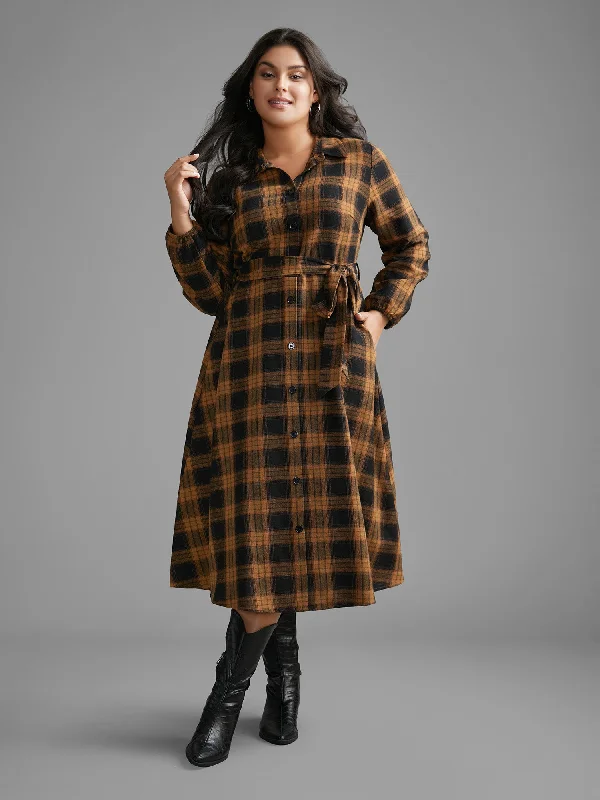 fitted cocktail dressShirt Collar Plaid Belted Midi Dress