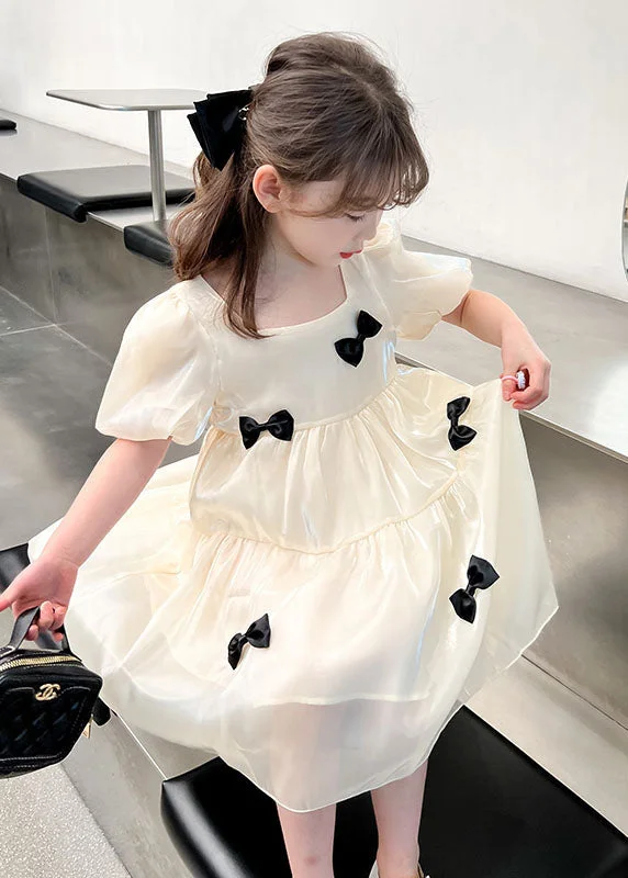 chic shift dressBeautiful Beige O Neck Bow Patchwork Tulle Kids Girls Dress Summer