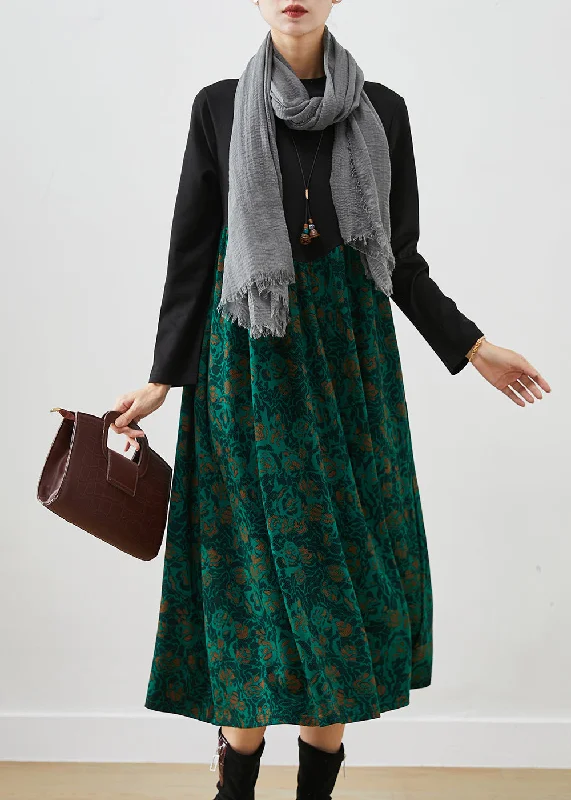 A-line dressBeautiful Green Print Patchwork Cotton Maxi Dress Fall