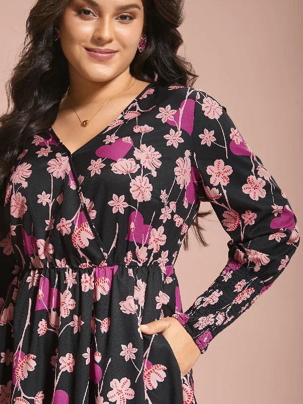 off-shoulder dressFloral Heart Print Shirred Stretchy Waist Dress