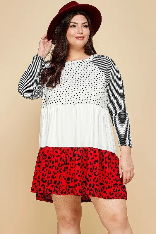 off-shoulder dressPlus Size Cute Polka Dot And Animal Print Contrast Swing Tiered Dress