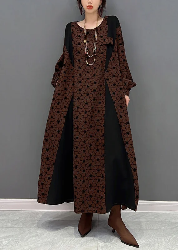 boho-chic dressCasual Brown O Neck Wrinkled Print Patchwork Cotton Long Dresses Fall