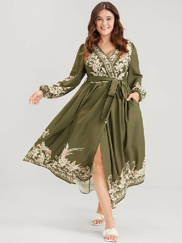 party dressFloral Button Split Lantern Sleeve Belted Pocket Wrap Dress