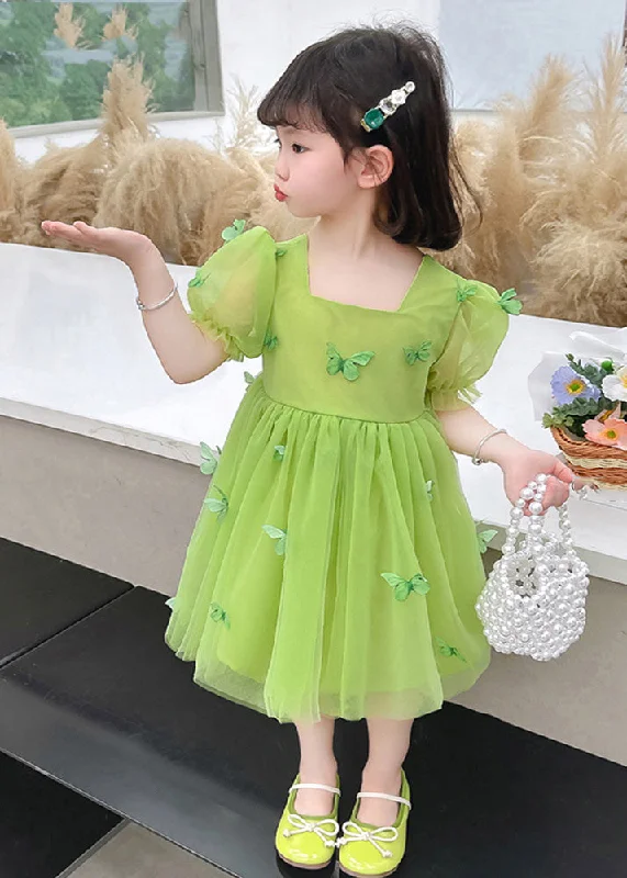 sleek dressBeautiful Green Square Collar Patchwork Tulle Girls Long Dresses Short Sleeve