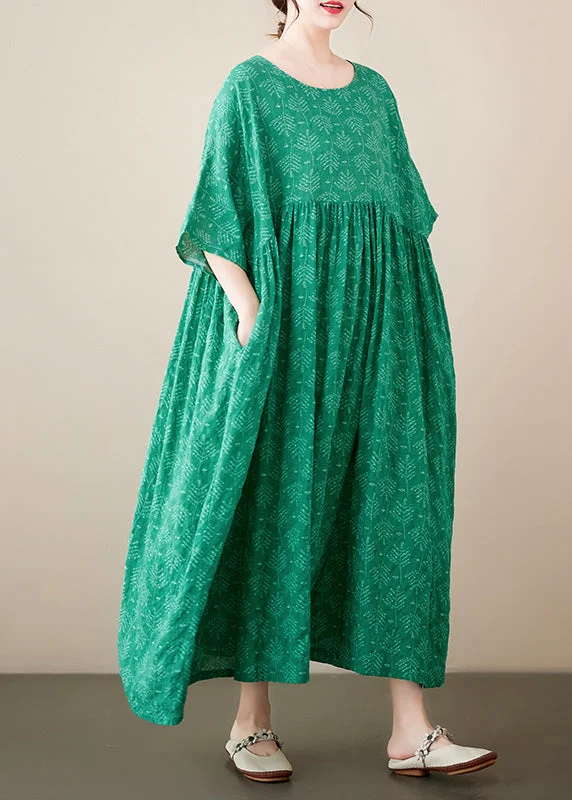 A-line dressGreen Patchwork Wrinkled Cozy Cotton Maxi Dresses Summer