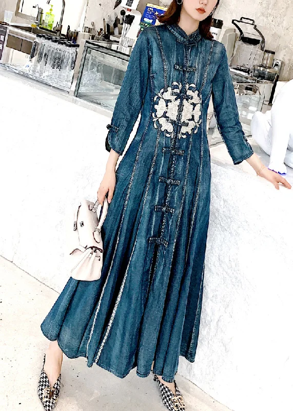 high-waisted dressChinese Style Blue Stand Collar Embroidered Patchwork Denim Dress Fall