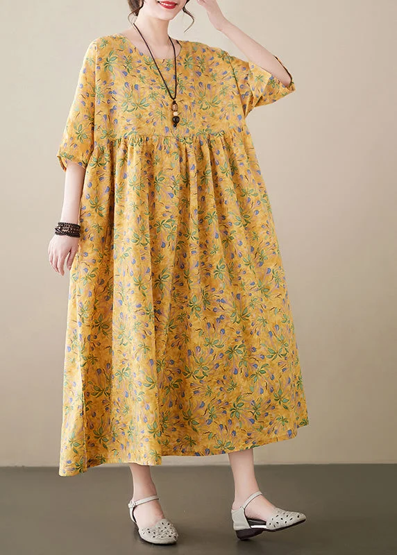 form-fitting dressNovelty Yellow O-Neck Print Patchwork Cozy Cotton Maxi Dress Summer