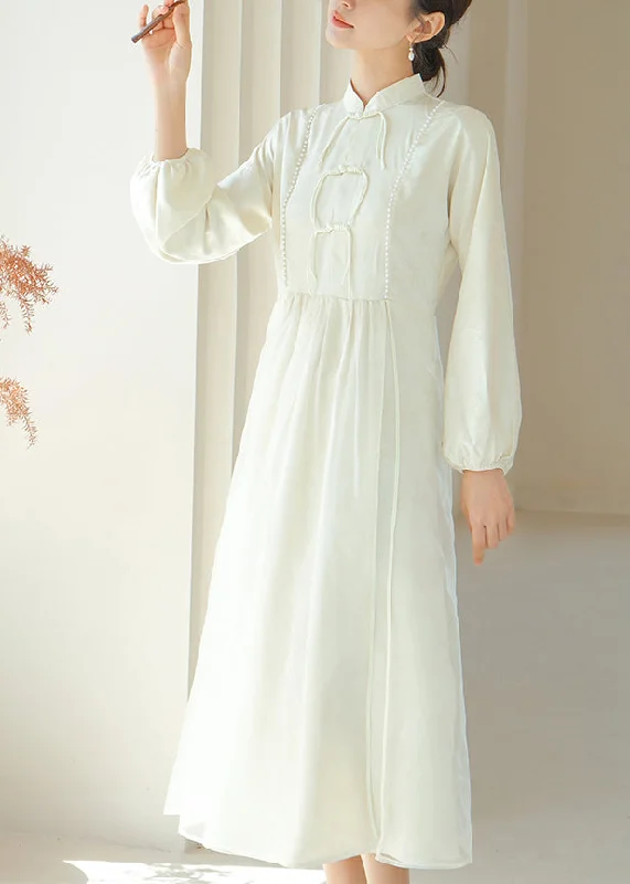 fitted dressElegant White Chinese Button Silm Fit Silk Dress Fall