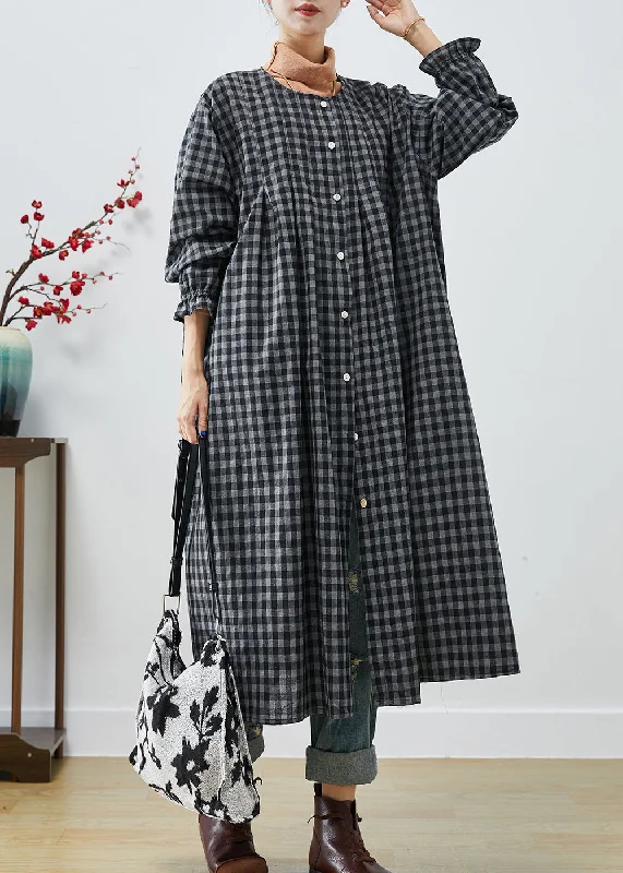 party dressItalian Dark Grey Oversized Plaid Cotton Robe Dresses Fall