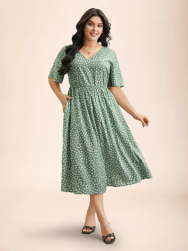 denim dressPolka Dot Print V-Neck Half Sleeve Midi Dress