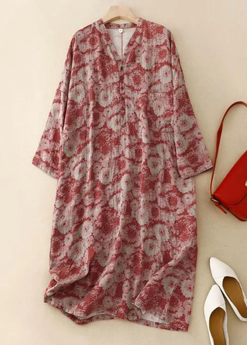 party dressNew Red V Neck Print Button Cotton Long Dress Spring