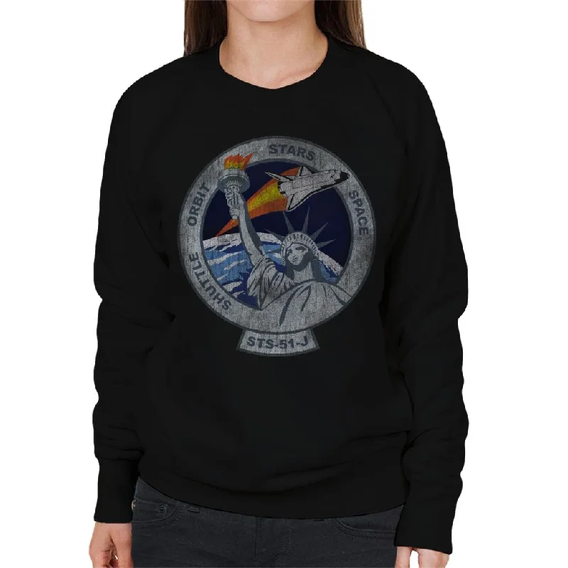 luxury fitness sweatshirtNASA STS 51 J Atlantis Mission Badge Distressed Women's Sweatshirt