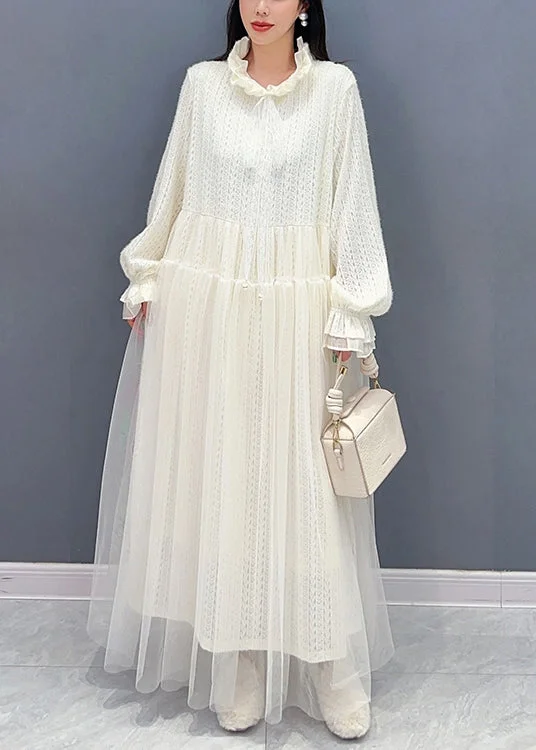 wrap dressChic White Ruffled Tulle Lace Dresses Long Sleeve