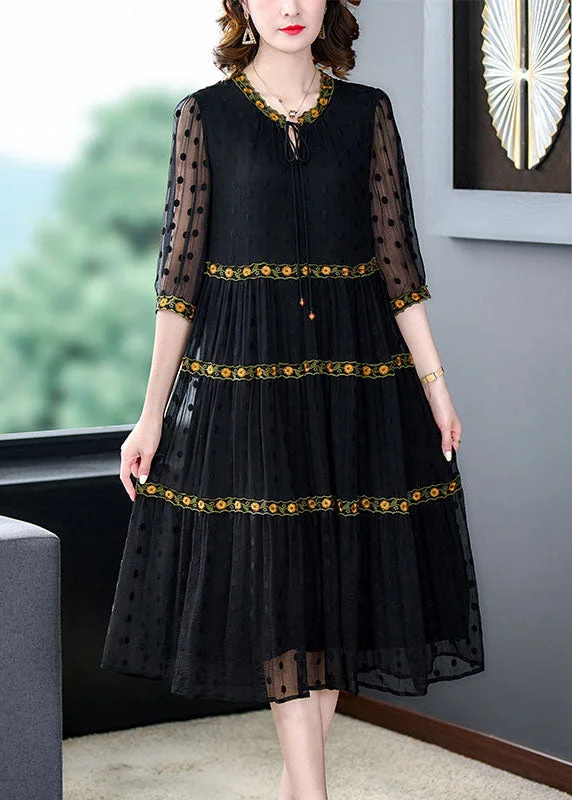 lace dressHandmade Black Wrinkled Embroideried Patchwork Silk Dress Summer