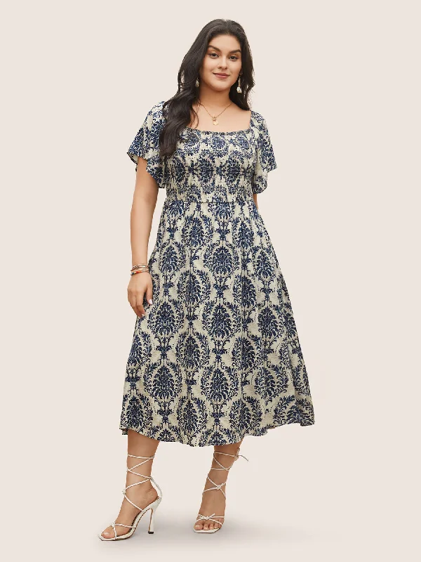 structured dressBandana Print Shirred Off Shoulder Dress