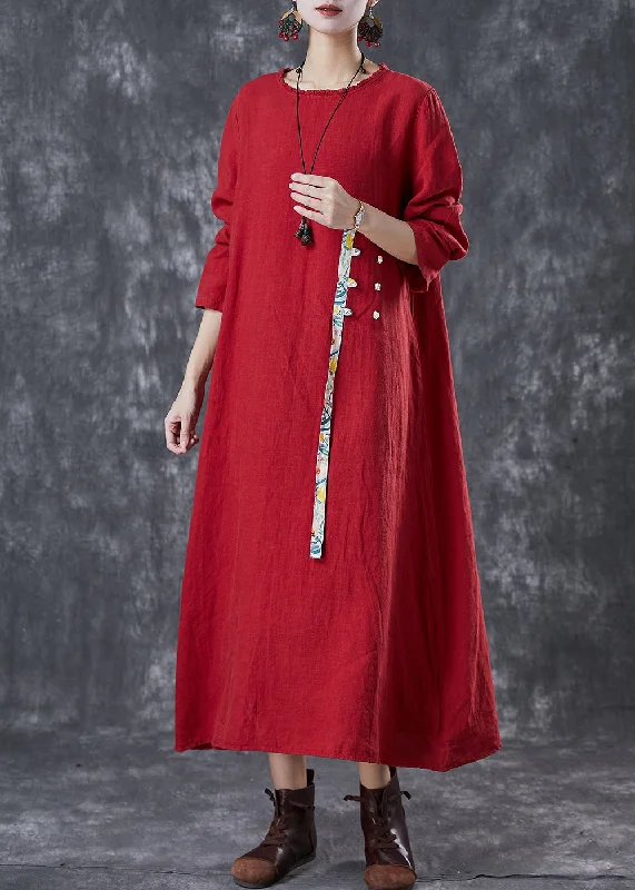 comfy maxi dressUnique Red Oversized Patchwork Chinese Button Linen Long Dress Spring