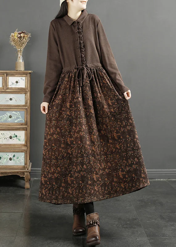 fitted bodycon dressElegant Coffee Ruffled Print Knit Patchwork Long Dress Long Sleeve