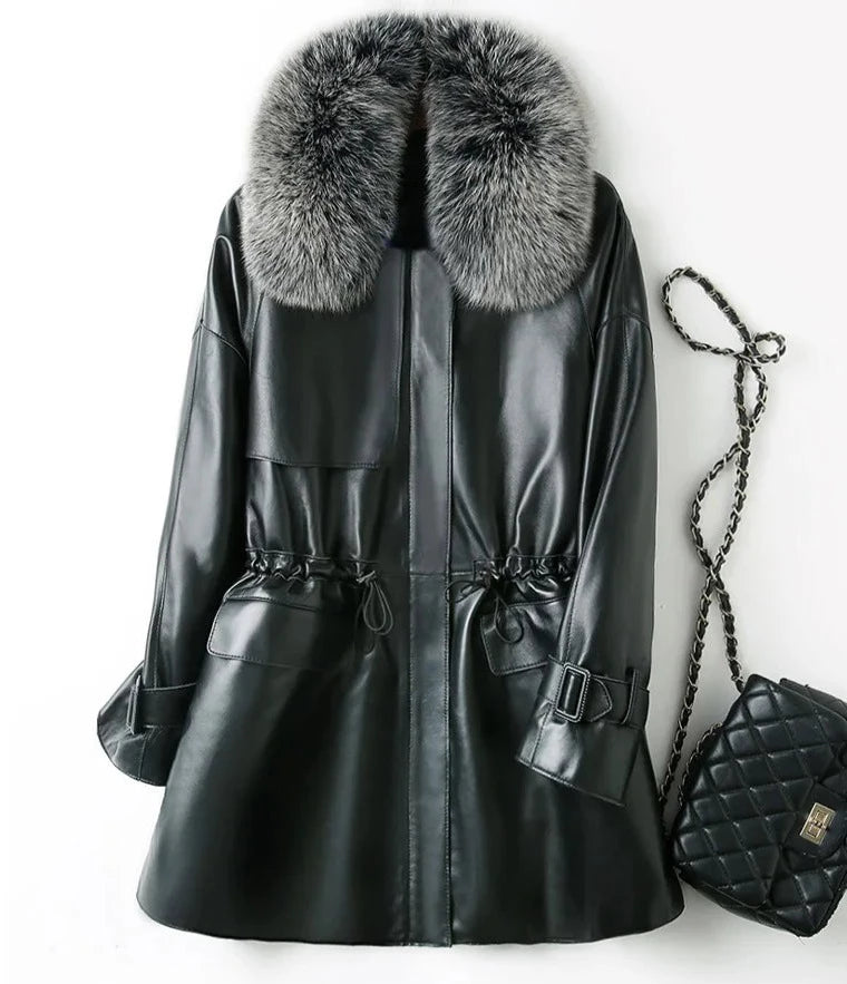 soft shell coatGenuine Leather Down Jacket Fox Fur Collar