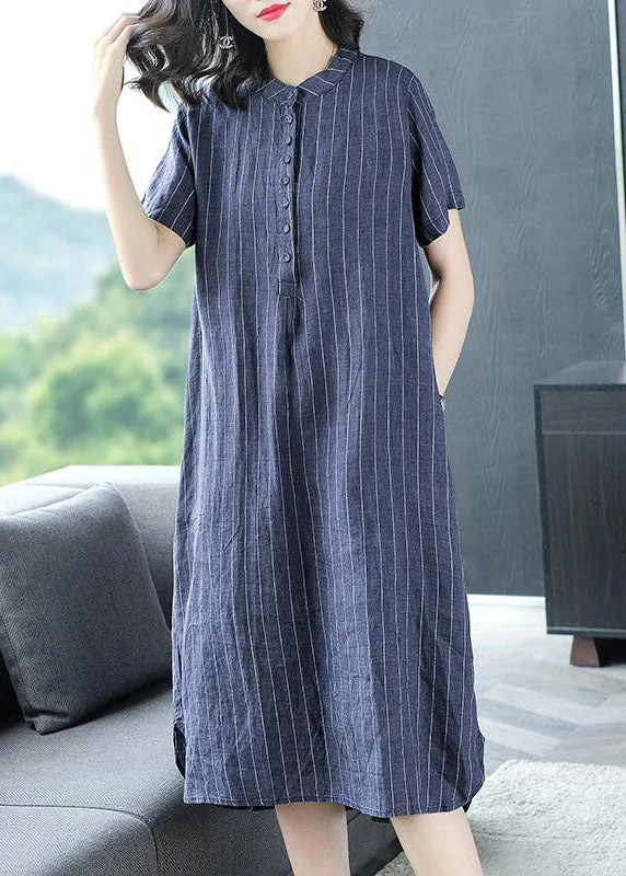 pleated maxi dressOrganic Blue Striped Button Pockets Patchwork Cotton Dress Summer