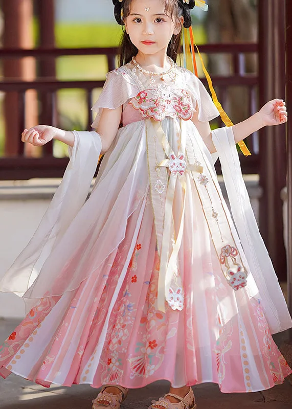 elegant dressRetro Pink Print Wrinkled Patchwork Chiffon Kids Girls Long Dresses Summer